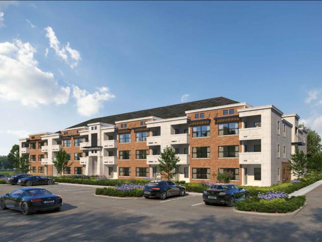 Architectural rendering of Mesa Gardens multi-story apartment building in Houston, TX