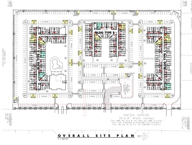 Overall site plan for Mesa Gardens showing three building types and parking layout