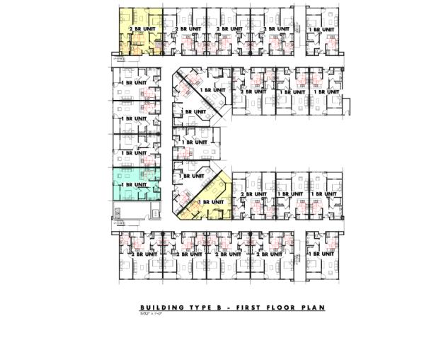 Building floor plan rendering for Mesa Gardens unit layouts